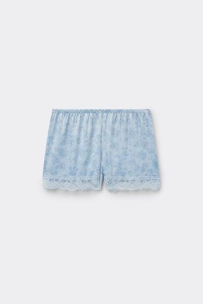 Blue Printed Lace Frill Satin Shorts, 5701_352Z, large image number 4