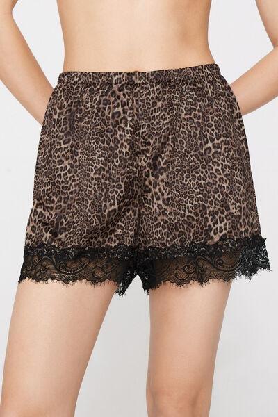 Brown Animal Print Satin And Lace Shorts, 5701_519Z, large image number 1