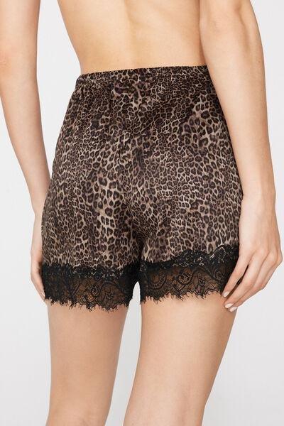 Brown Animal Print Satin And Lace Shorts, 5701_519Z, large image number 2