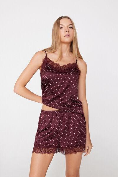 Black Polka Dot Print Satin And Lace Shorts, 5701_583Z, medium
