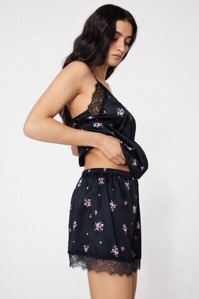 Black Printed Lace Frill Satin Shorts, 5701_587Z, large image number 0