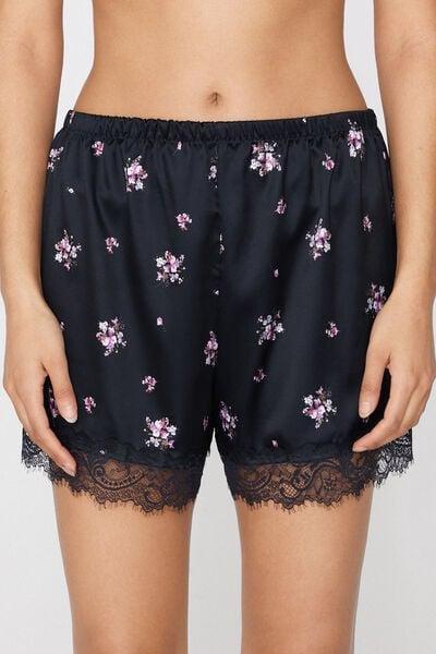 Black Printed Lace Frill Satin Shorts, 5701_587Z, medium