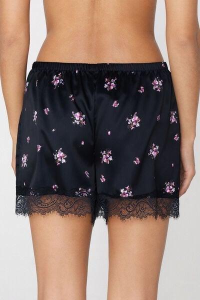 Black Printed Lace Frill Satin Shorts, 5701_587Z, large image number 2