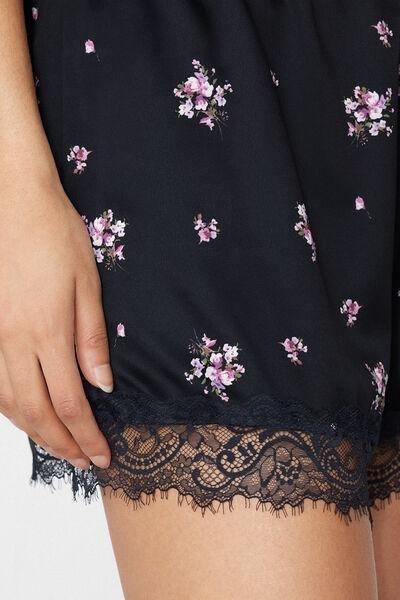 Black Printed Lace Frill Satin Shorts, 5701_587Z, large image number 3