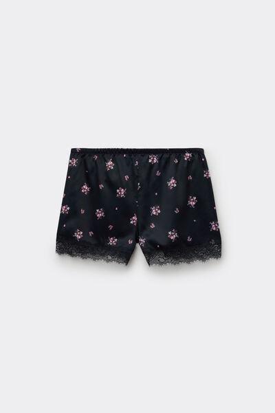 Black Printed Lace Frill Satin Shorts, 5701_587Z, large image number 4