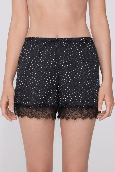 Black Printed Satin And Lace Shorts, , large image number 0