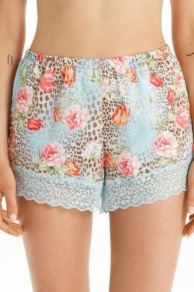 Blue Maculato Fiori Satin And Lace Shorts, , large image number 2