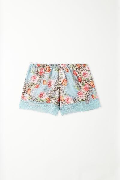 Blue Maculato Fiori Satin And Lace Shorts, , large image number 4