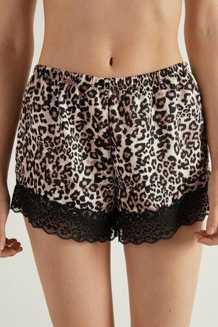 Tezenis - Brown Animal Print Satin And Lace Shorts