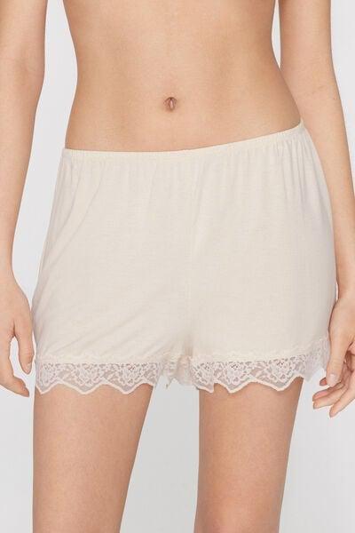 AVORIO CREMA DI LATTE Viscose and Recycled Lace Shorts, Ivory Cream, large image number 1