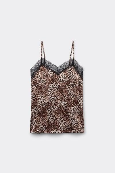Brown Animal Print Narrow Shoulder Straps Lace Camisole, 5701_216Z, large image number 4