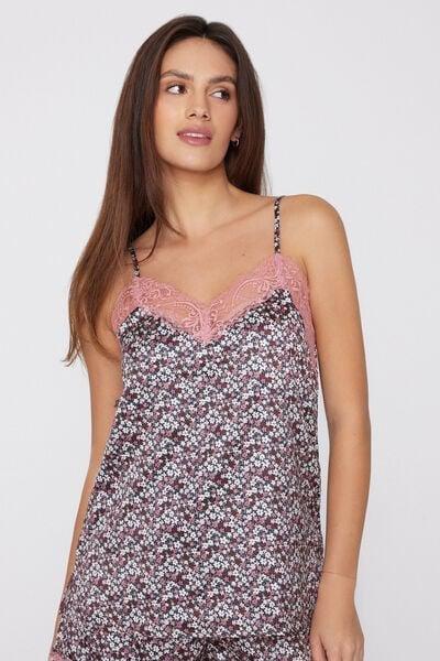 Pink Flower Print Narrow Shoulder Straps Lace Camisole, 5701_221Z, large image number 1