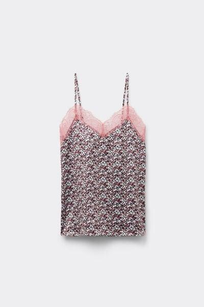 Pink Flower Print Narrow Shoulder Straps Lace Camisole, 5701_221Z, large image number 4