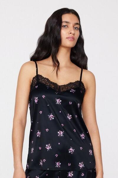 Black Narrow Shoulder Straps Satin Camisole, 5701_587Z, medium