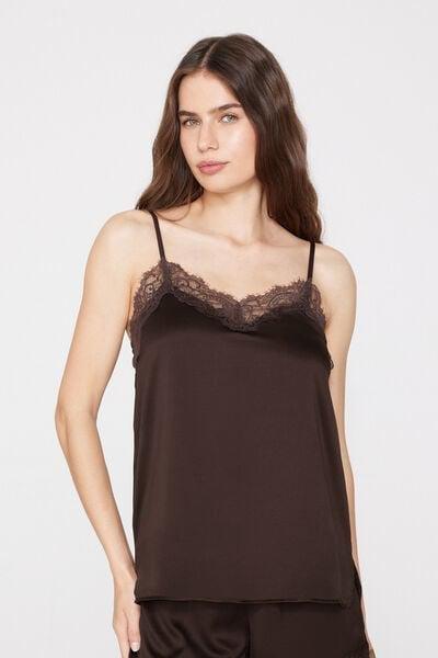 Brown Narrow Shoulder Straps Lace Camisole, 5701_495Z, large image number 1