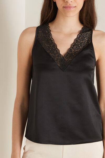 Black Satin And Lace Camisole, Black, large image number 1