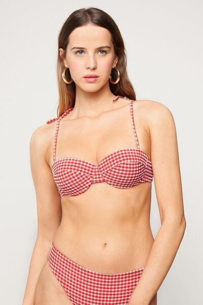 Red Summer Vichy Padded Bandeau Bikini Top, 5701_568Z, large image number 1