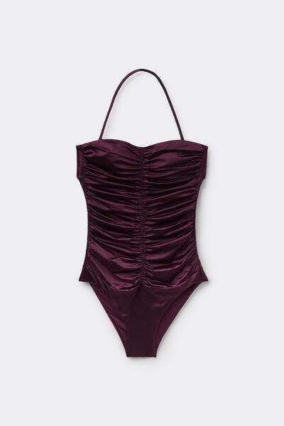 Burgundy Shiny Glam Gathered One-Piece Bandeau Swimsuit, 5701_282Z, large image number 4