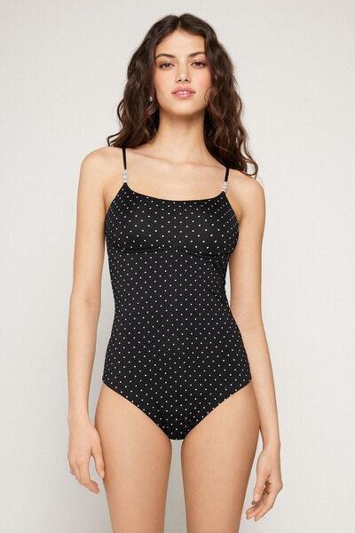 Black Polka Dot Bead Brassiere One-Piece Swimsuit, 5701_566Z, large image number 1