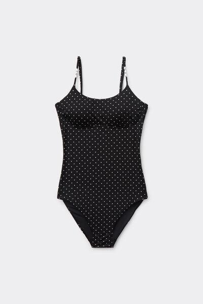 Black Polka Dot Bead Brassiere One-Piece Swimsuit, 5701_566Z, large image number 4