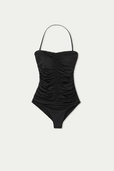 Black Ruched One-Piece Bandeau Swimsuit, , large image number 4