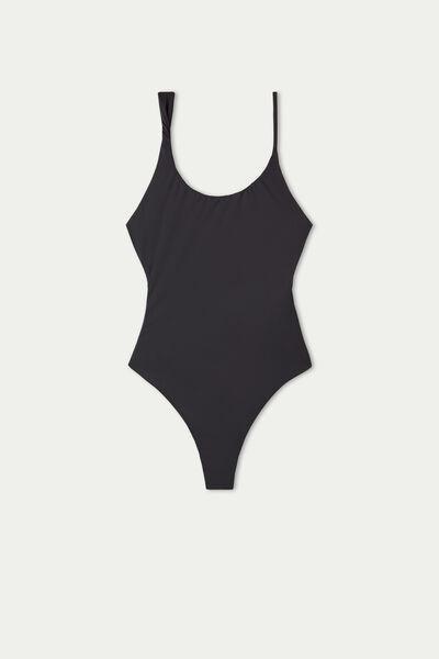 Black Recycled Microfibre High-Cut Asymmetric One-Piece Swimsuit, , large image number 8