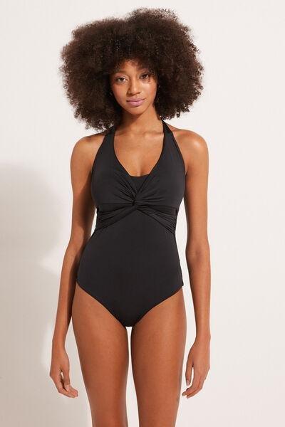 BLACK Slightly Padded One-Piece Crossover Bandeau Swimsuit in Recycled Microfibre, , large image number 0