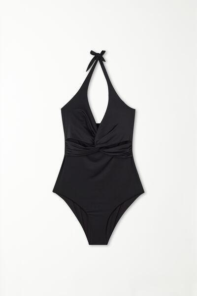 BLACK Slightly Padded One-Piece Crossover Bandeau Swimsuit in Recycled Microfibre, , large image number 4