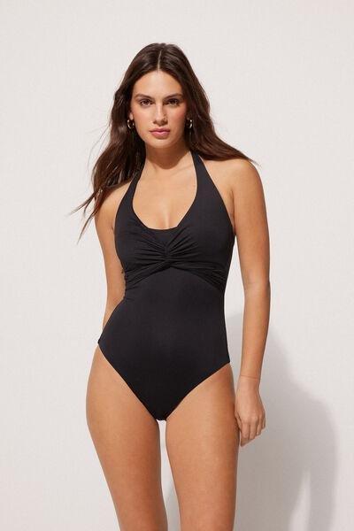 Black One-Piece Crossover Bandeau Swimsuit, Black, large image number 5