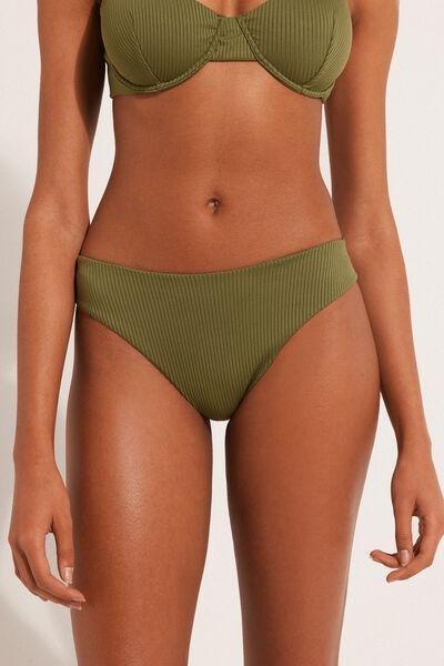 OLIVE GREEN Rounded High-Cut Brazilian Bikini Bottoms in Recycled Ribbed Microfibre, , large image number 0