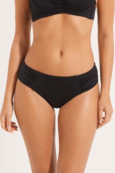 Tezenis - BLACK Recycled Microfibre High-Cut Brazilian Bikini Bottoms with Gathering