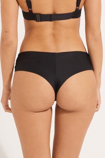 Tezenis - BLACK Recycled Microfibre High-Cut Brazilian Bikini Bottoms with Gathering