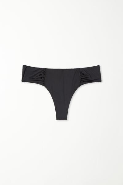 Tezenis - BLACK Recycled Microfibre High-Cut Brazilian Bikini Bottoms with Gathering