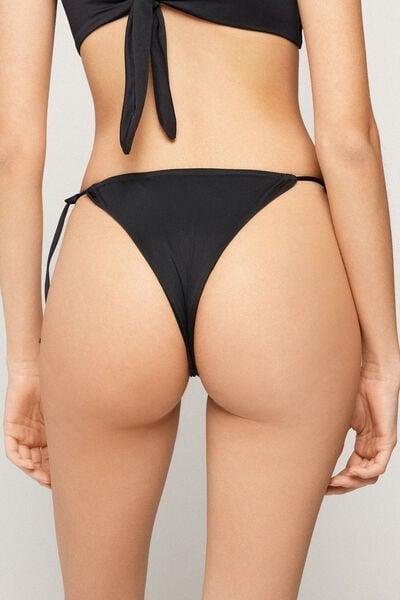 Black Narrow Tanga Ties Brazilian Bikini Bottoms, Black, medium