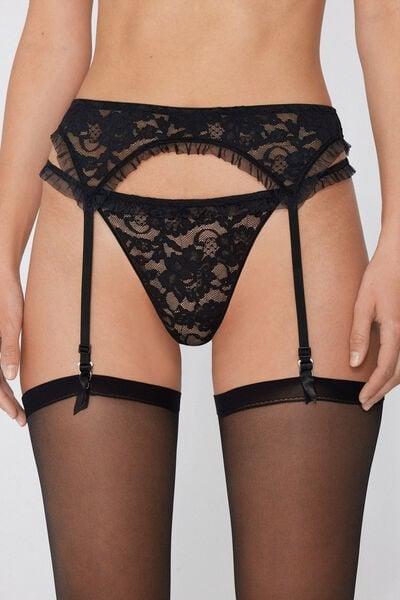Black Romantic Fantasy Patterned Lace Suspenders, Black, medium