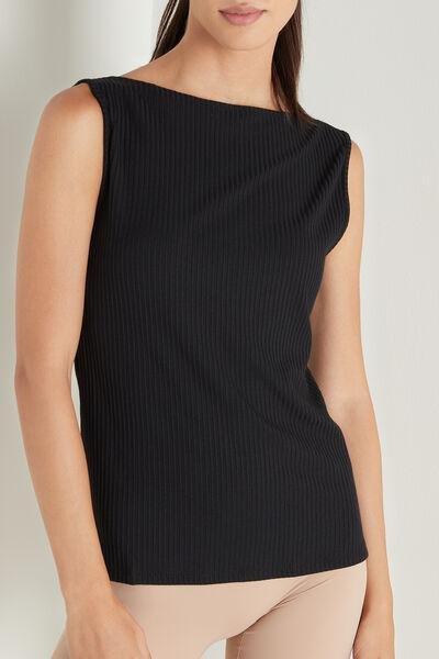 Black Ribbed Boat Neck Camisole, , large image number 1