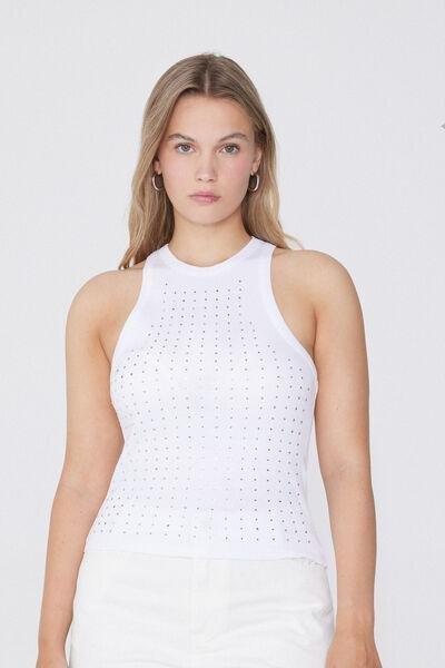 White Halter neck Rhinestone Camisole, White, large image number 0