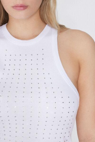 White Halter neck Rhinestone Camisole, White, large image number 2