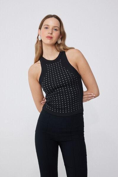 Black Halter neck Rhinestone Camisole, , large image number 1