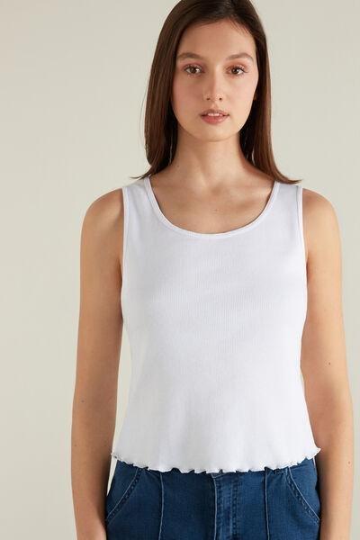 White Ribbed Cotton Rolled Hem Camisole, White, large image number 1