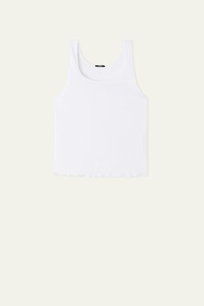 White Ribbed Cotton Rolled Hem Camisole, White, large image number 4