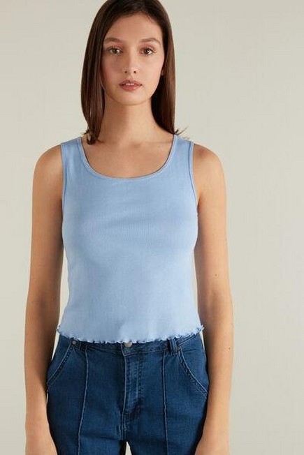 Tezenis - LIGHT IRIS BLUE Ribbed Cotton Camisole with Rolled Hem
