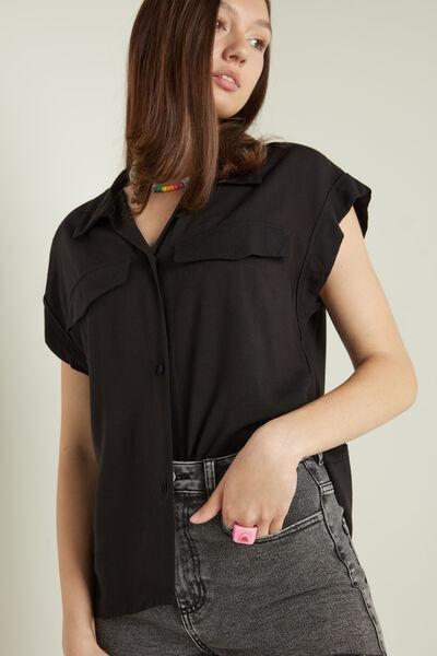 Black Sleeveless Buttoned Canvas Shirt, , large image number 0