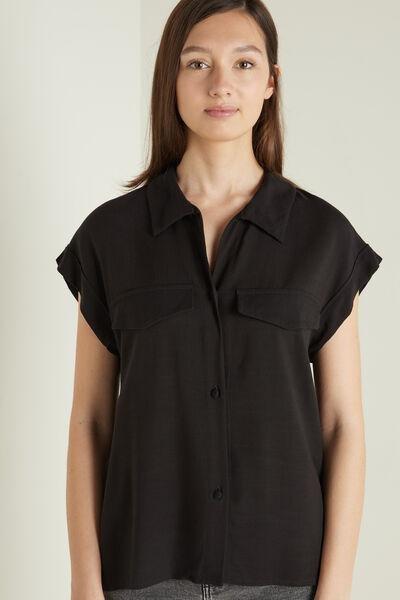 Black Sleeveless Buttoned Canvas Shirt, , large image number 1