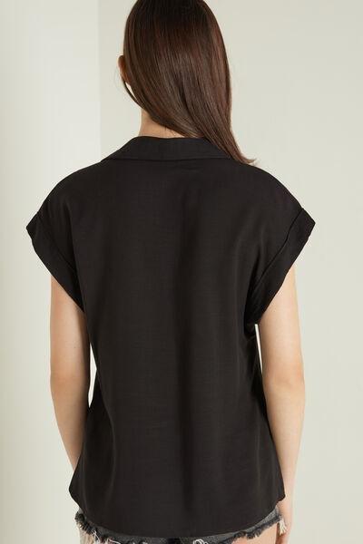 Black Sleeveless Buttoned Canvas Shirt, , large image number 2