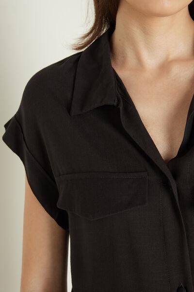 Black Sleeveless Buttoned Canvas Shirt, , large image number 3