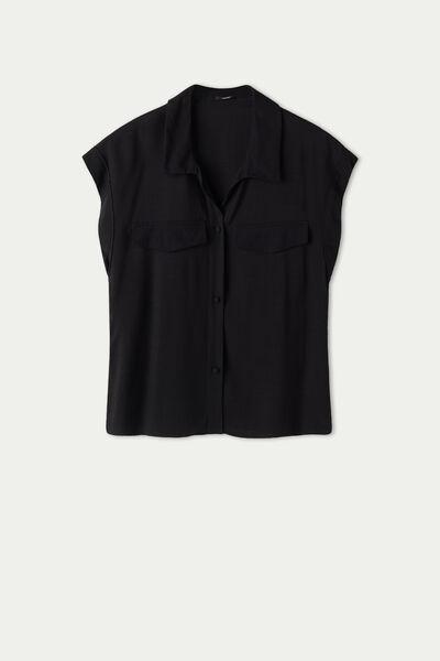 Black Sleeveless Buttoned Canvas Shirt, , large image number 4