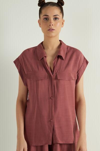 Red Sleeveless Buttoned Canvas Shirt, , large image number 0