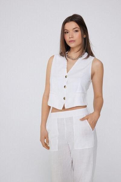 White Canvas V-Neck Gilet, White, large image number 0