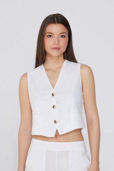 White Canvas V-Neck Gilet, White, large image number 1